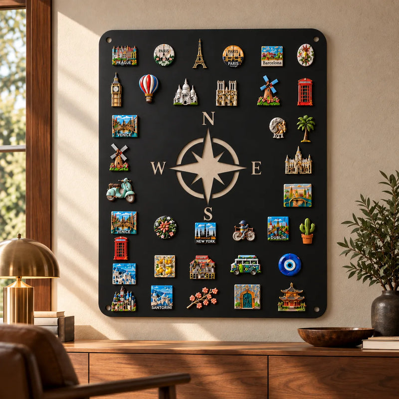 Compass rose metal travel magnet board