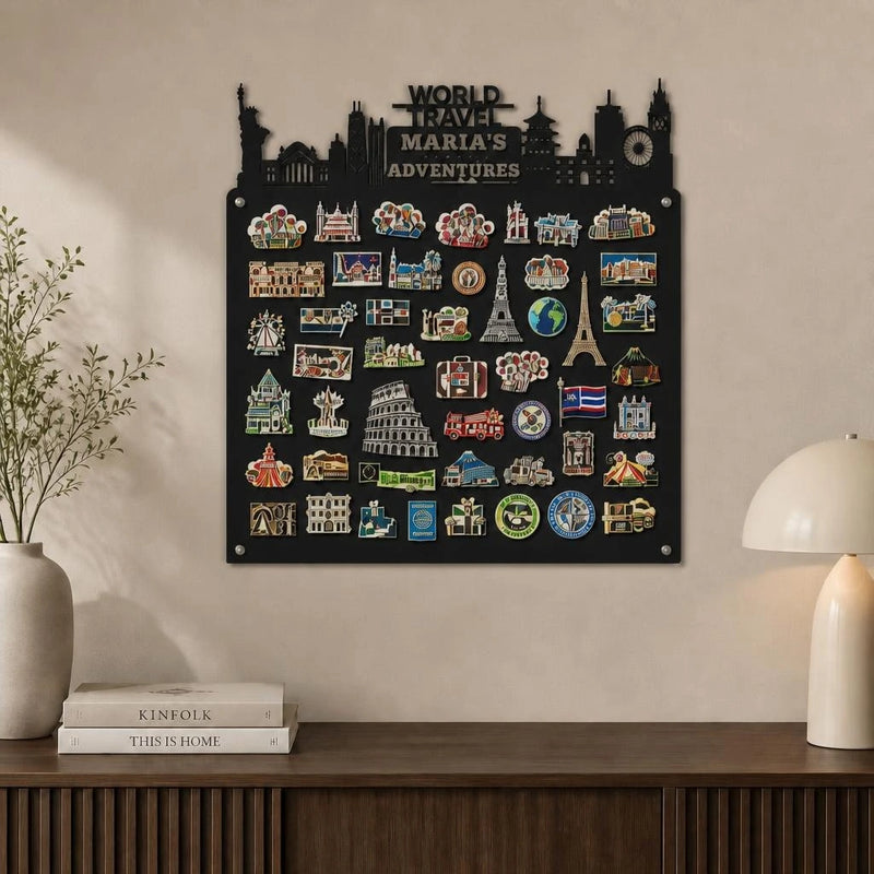 Personalized skyline travel magnet board with landmarks across the top