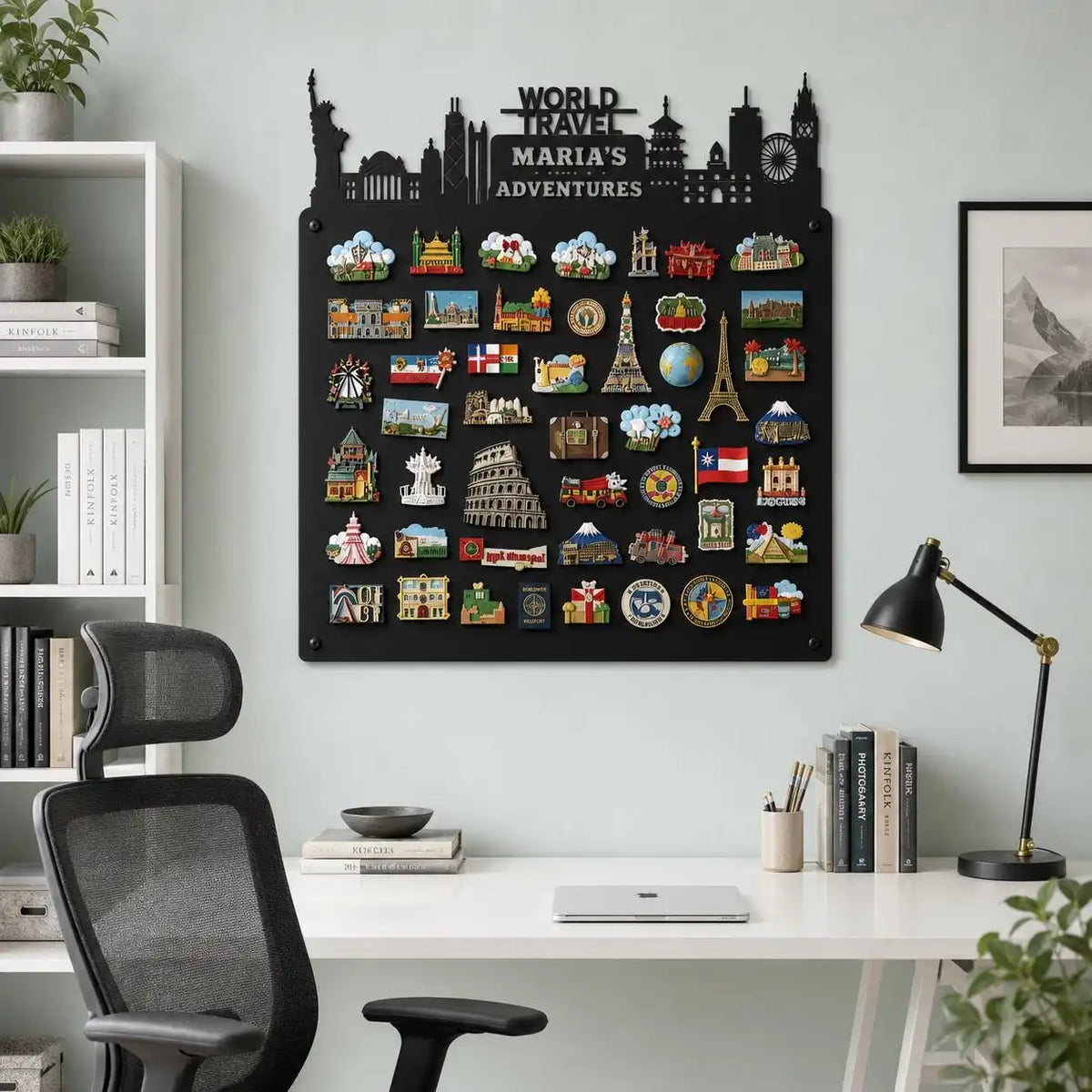 Personalized skyline travel magnet board with landmarks across the top — view 2 of 4