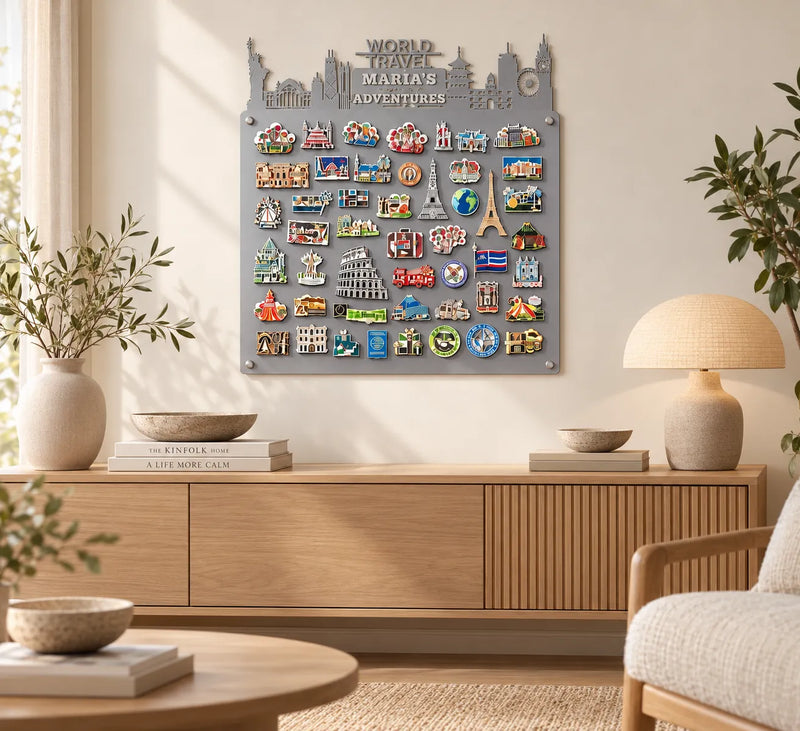 Personalized Skyline Travel Magnet Board – Silver