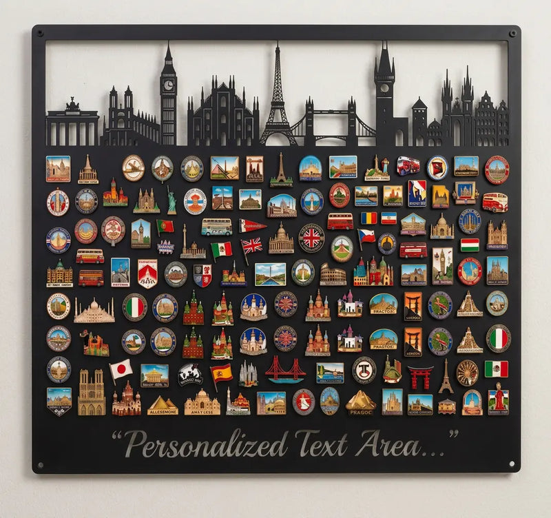 Personalized European skyline metal magnet board holding travel souvenir magnets
