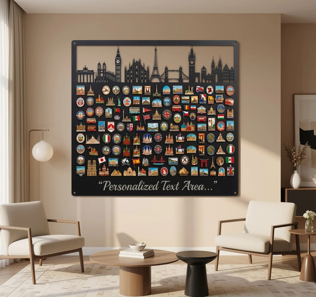 Personalized European skyline metal magnet board holding travel souvenir magnets — view 2 of 7