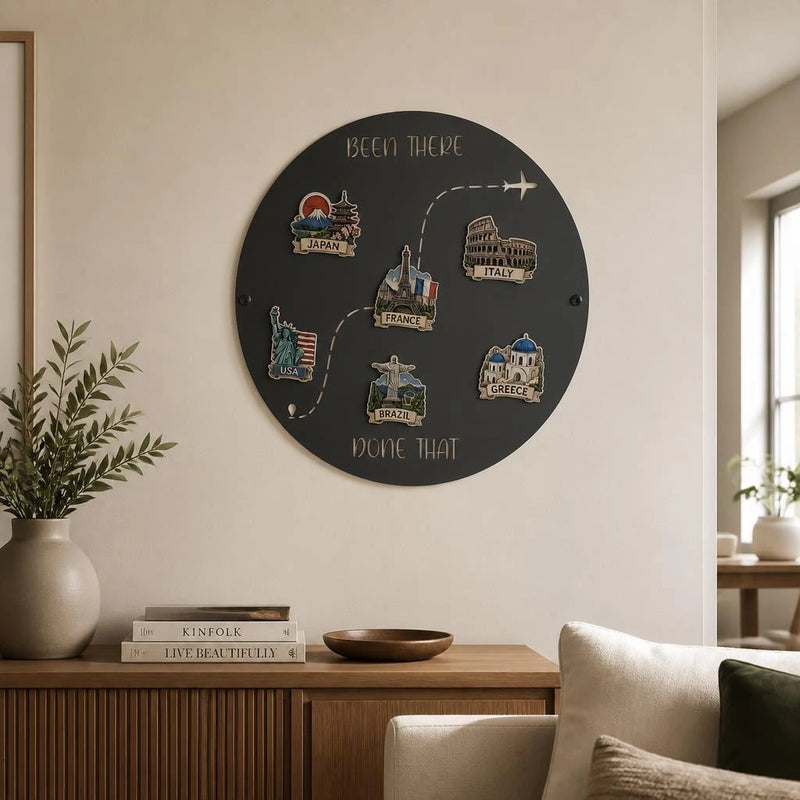 Been There Done That round travel magnet board with plane route