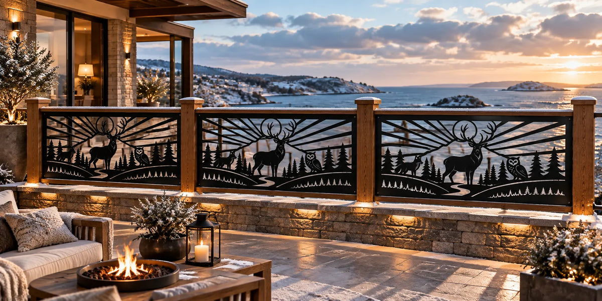 Forest wildlife deer and owl metal railing panel – Black on a snowy sea-view terrace at sunset