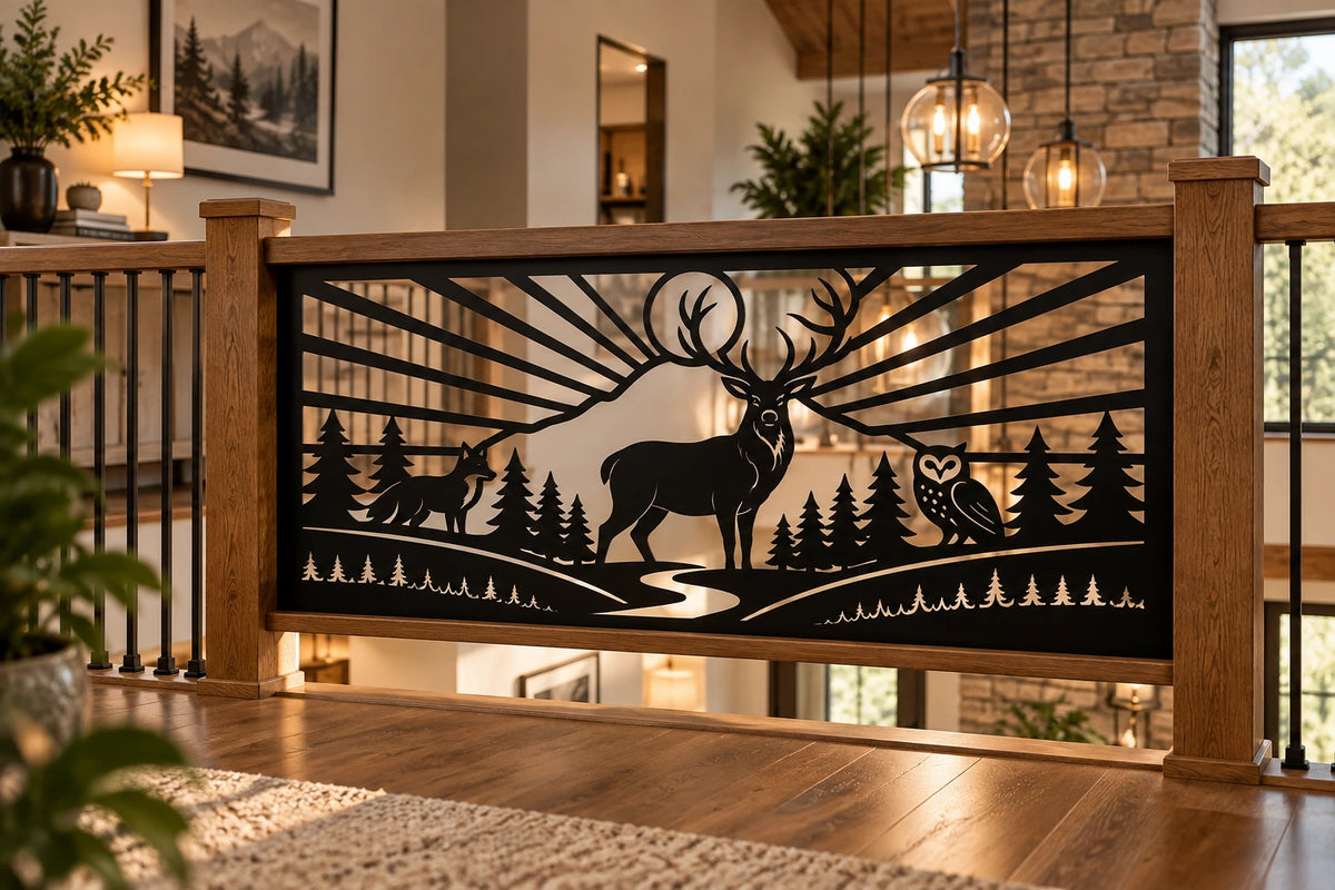 Forest wildlife deer and owl metal railing panel – Black on an interior balcony railing