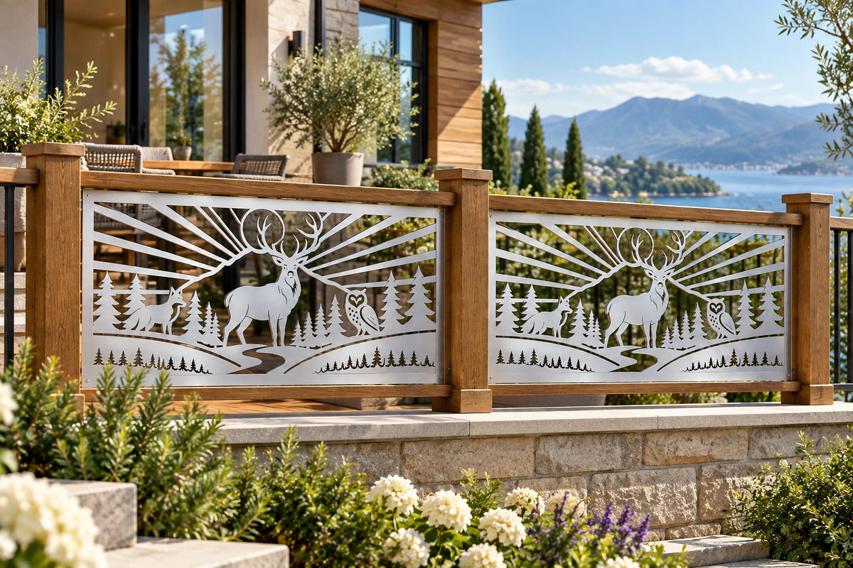 Forest wildlife deer and owl metal railing panel – Light finish on a lake-view terrace railing