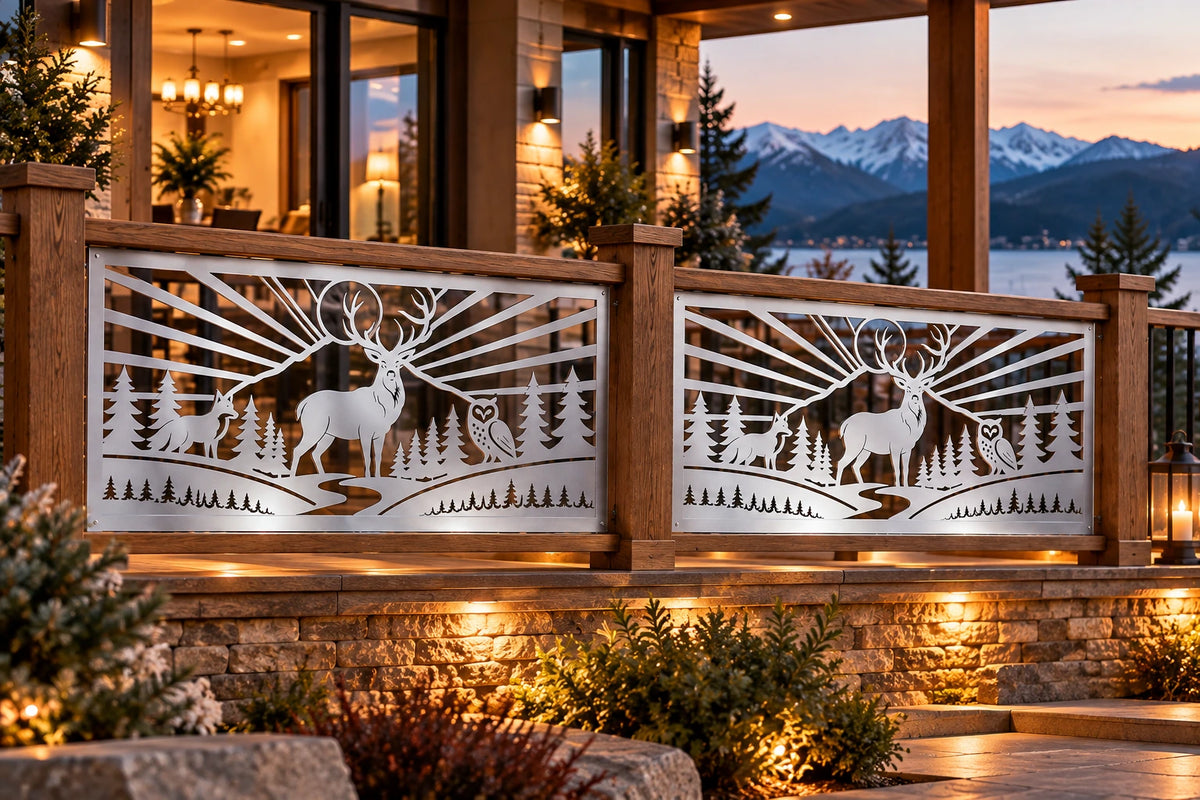 Forest wildlife deer and owl metal railing panel – Light finish on a mountain-lake terrace railing at dusk