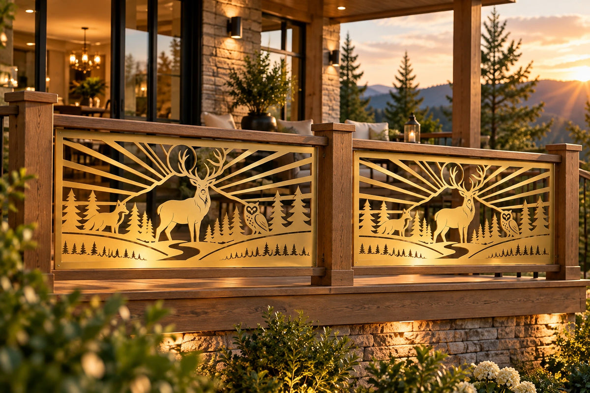 Forest wildlife deer and owl metal railing panel – Gold on a terrace railing at sunset