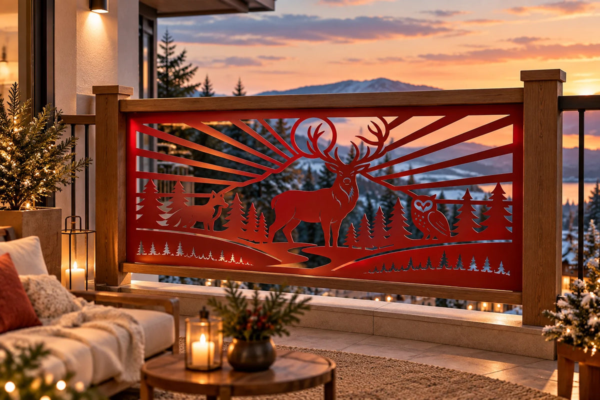 Forest wildlife deer and owl metal railing panel – Red on a terrace railing at sunset