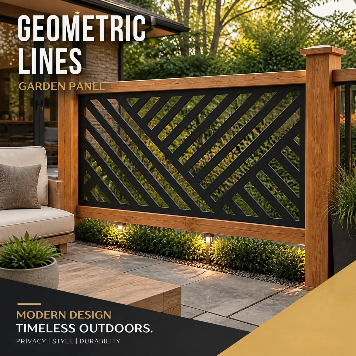 Geometric lines metal railing panel – Black on a patio railing with Geometric Lines Garden Panel text overlay