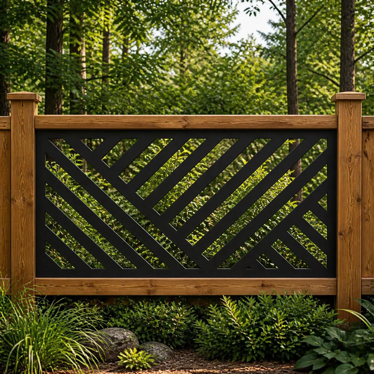 Geometric lines metal railing panel – Black in a forest garden setting
