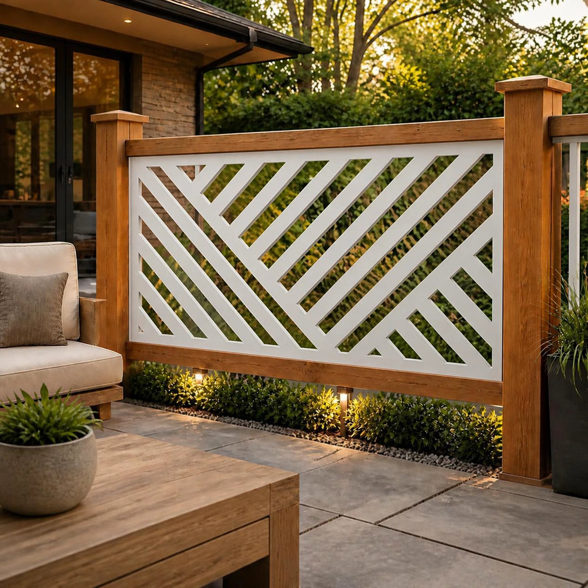 Geometric lines metal railing panel – White on a patio railing