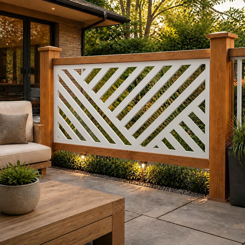 Geometric lines metal railing panel – White on a patio railing