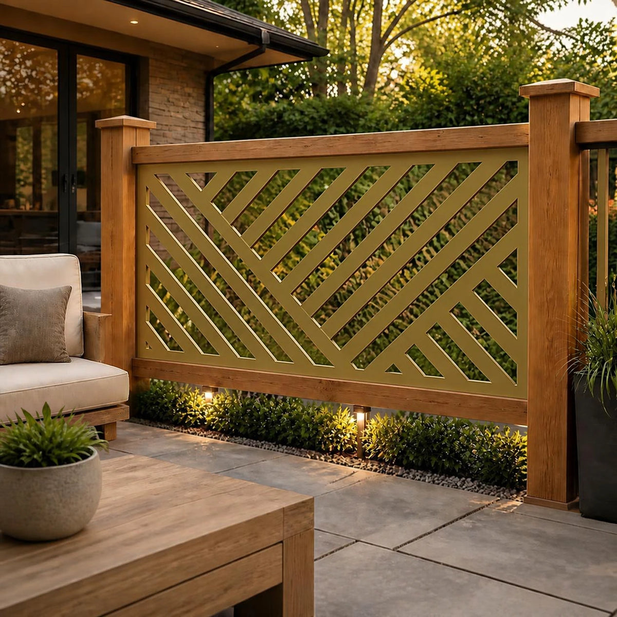 Geometric lines metal railing panel – Gold on a patio railing