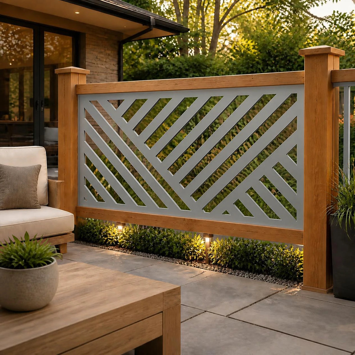 Geometric lines metal railing panel – Silver on a patio railing