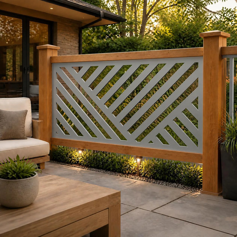 Geometric lines metal railing panel – Silver on a patio railing