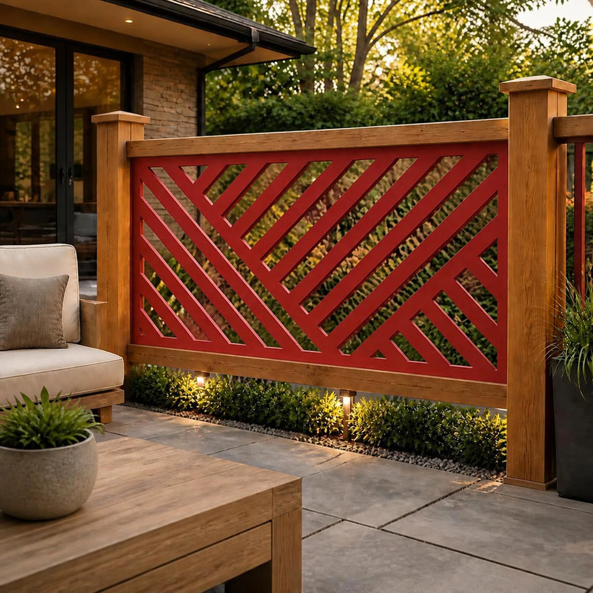 Geometric lines metal railing panel – Red on a patio railing