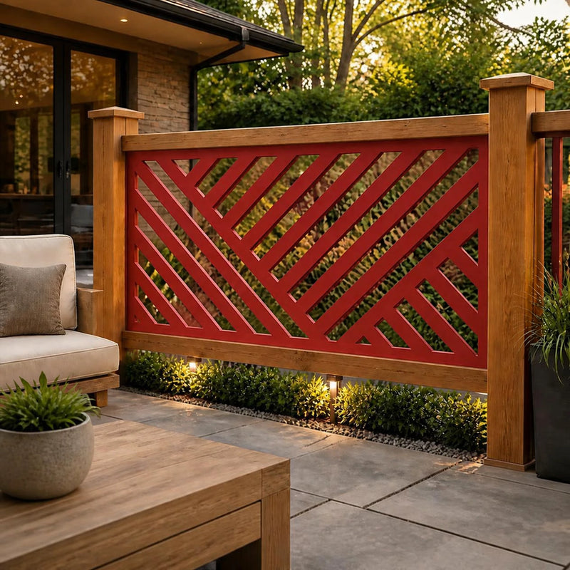Geometric lines metal railing panel – Red on a patio railing