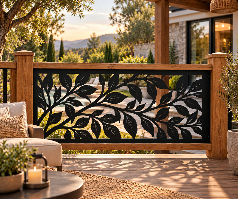 Botanical leaves metal railing panel – Black on a wooden terrace railing