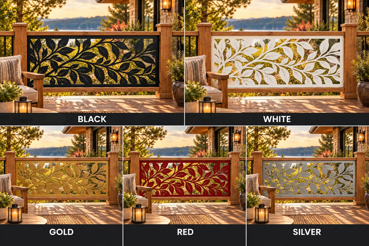 Botanical leaves metal railing panel in five colors: black, white, gold, red and silver