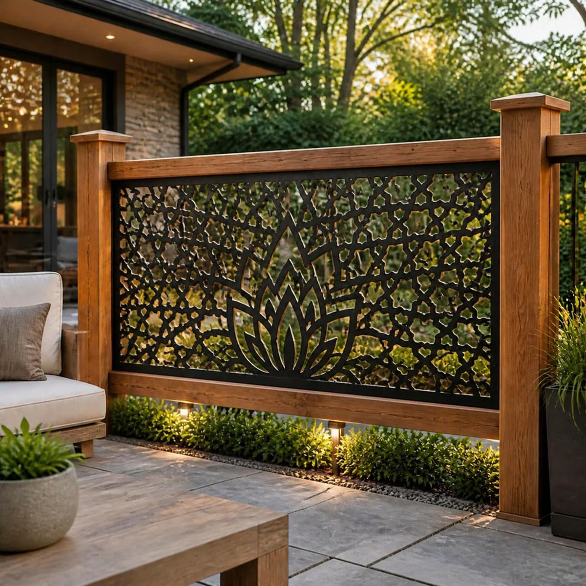 Lotus mosaic metal railing panel – Black on a patio railing