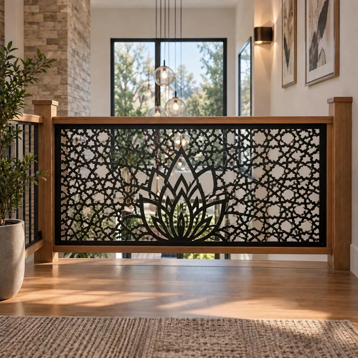 Lotus mosaic metal railing panel – Black on an interior balcony railing