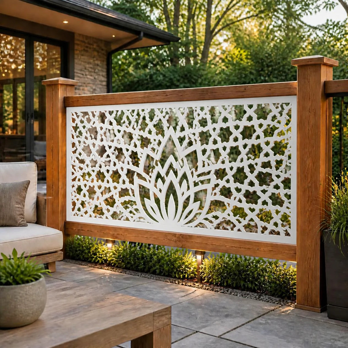 Lotus mosaic metal railing panel – White on a patio railing