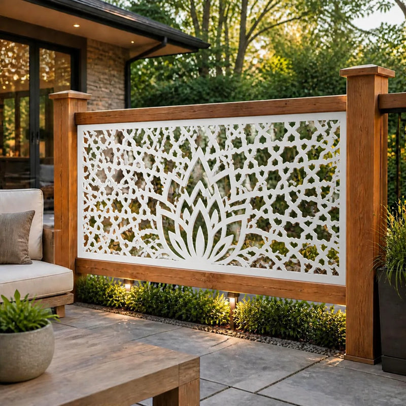 Lotus mosaic metal railing panel – White on a patio railing