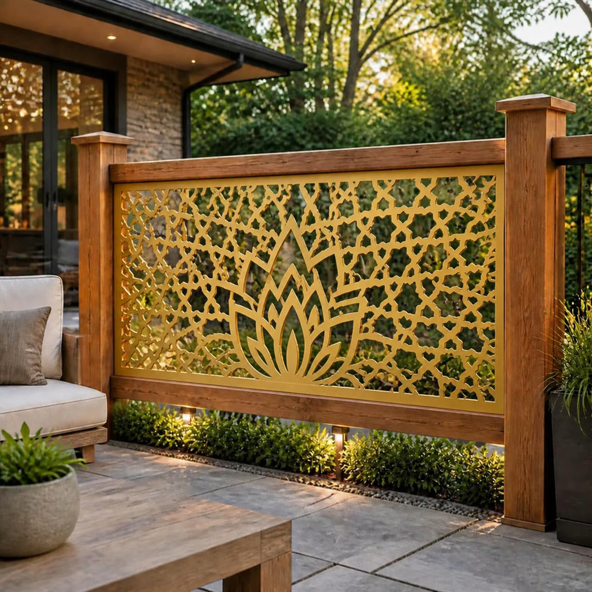 Lotus mosaic metal railing panel – Gold on a patio railing