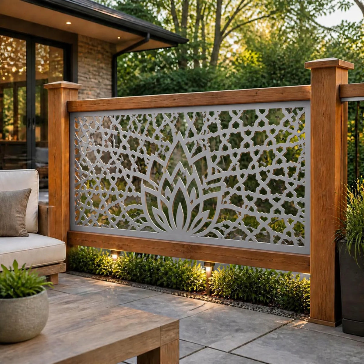 Lotus mosaic metal railing panel – Silver on a patio railing
