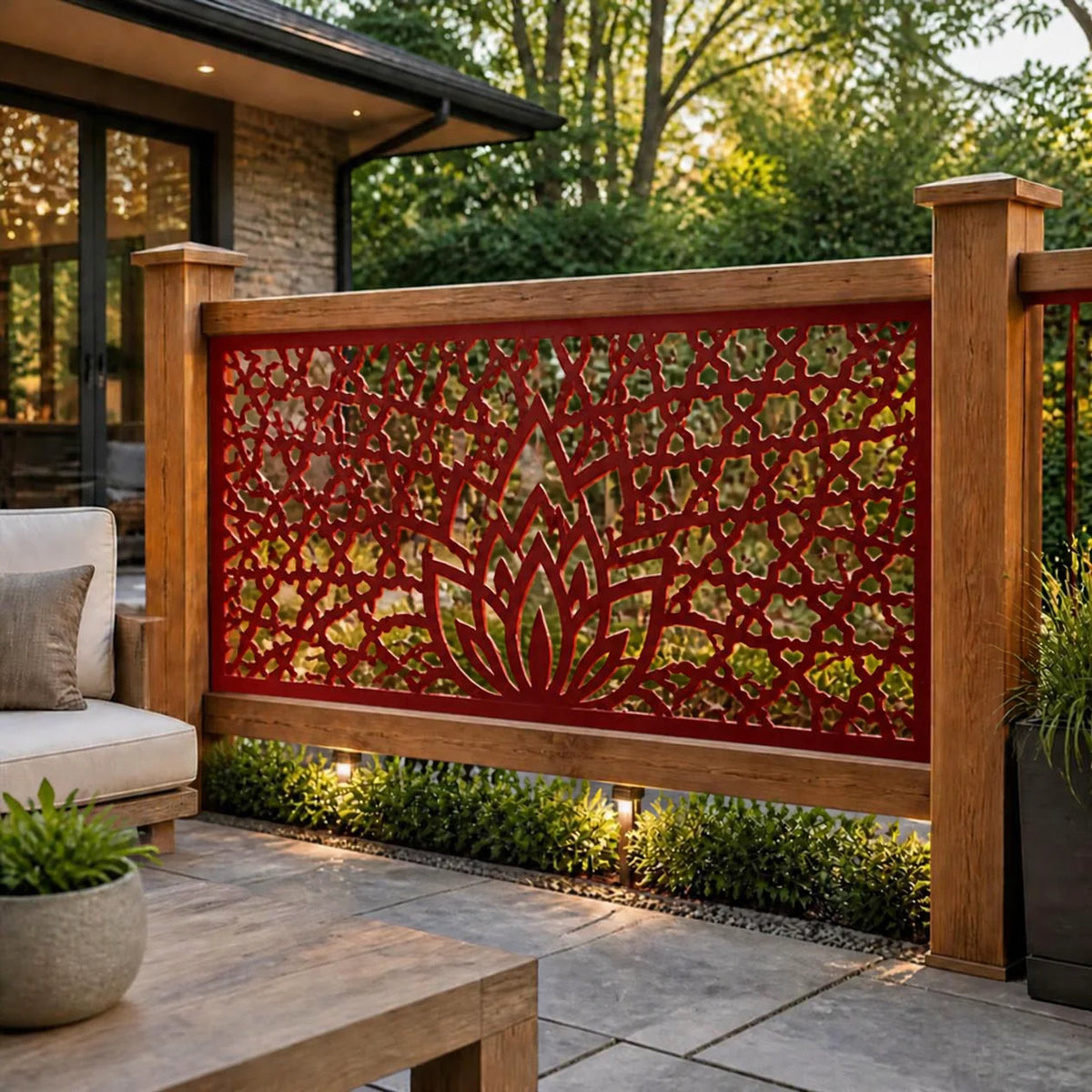 Lotus mosaic metal railing panel – Red on a patio railing