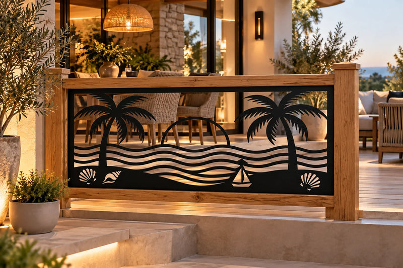 Coastal sunset palm tree and sailboat metal railing panel – Black on a terrace railing at sunset