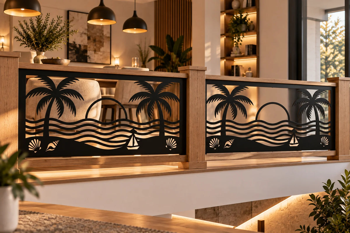 Coastal sunset palm tree and sailboat metal railing panel – Black on an interior balcony railing