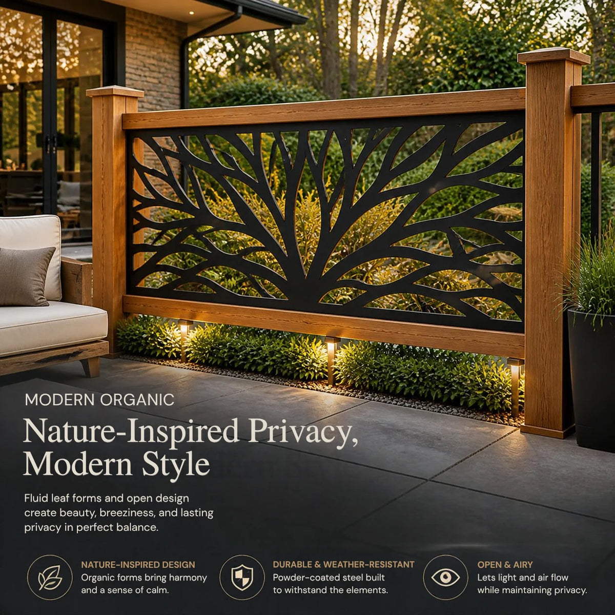 Tree branch metal railing panel – Black on a patio railing with Nature-Inspired Privacy text overlay