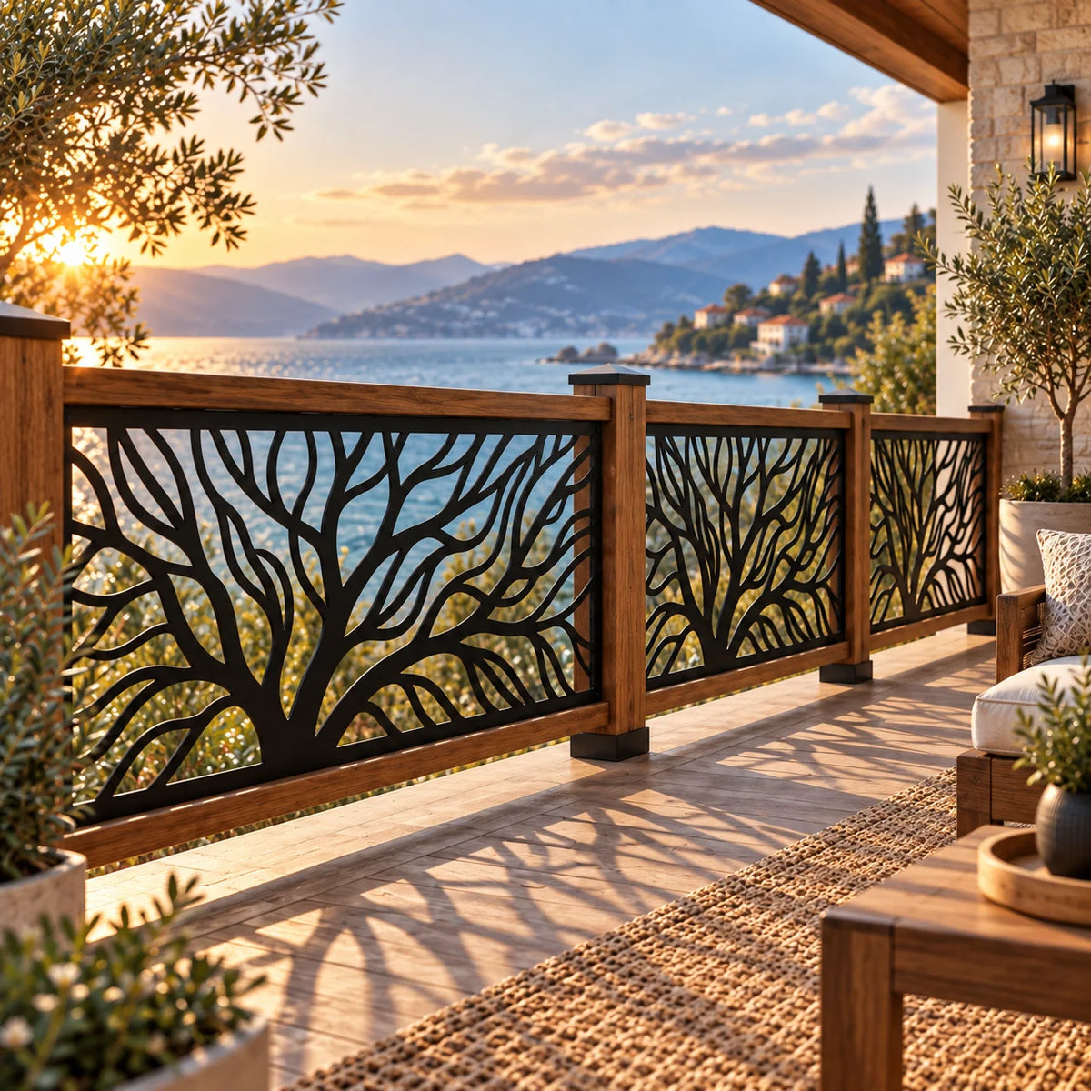 Tree branch metal railing panel – Black on a seaside terrace railing at sunset
