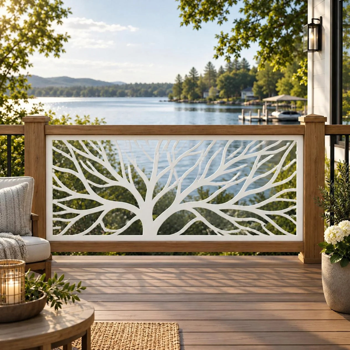 Tree branch metal railing panel – White on a lake-view deck railing