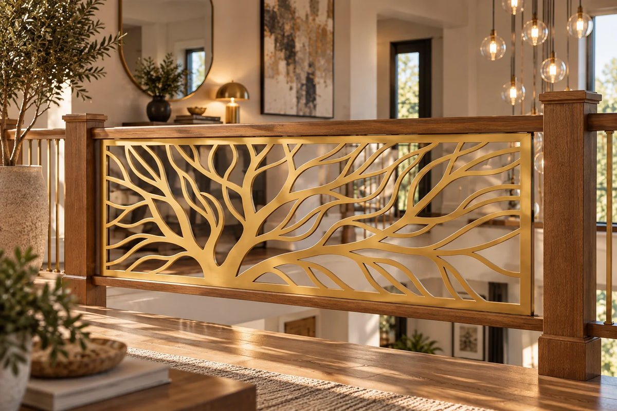 Tree branch metal railing panel – Gold on an interior balcony railing