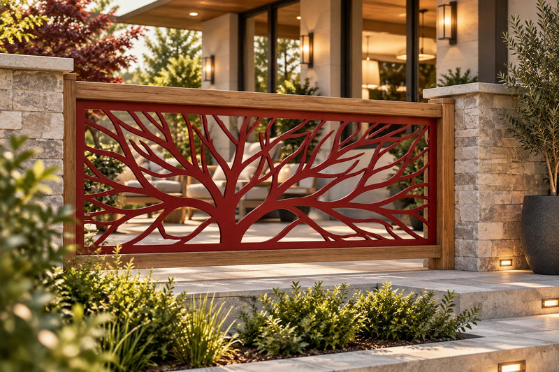 Tree branch metal railing panel – Red on a courtyard railing