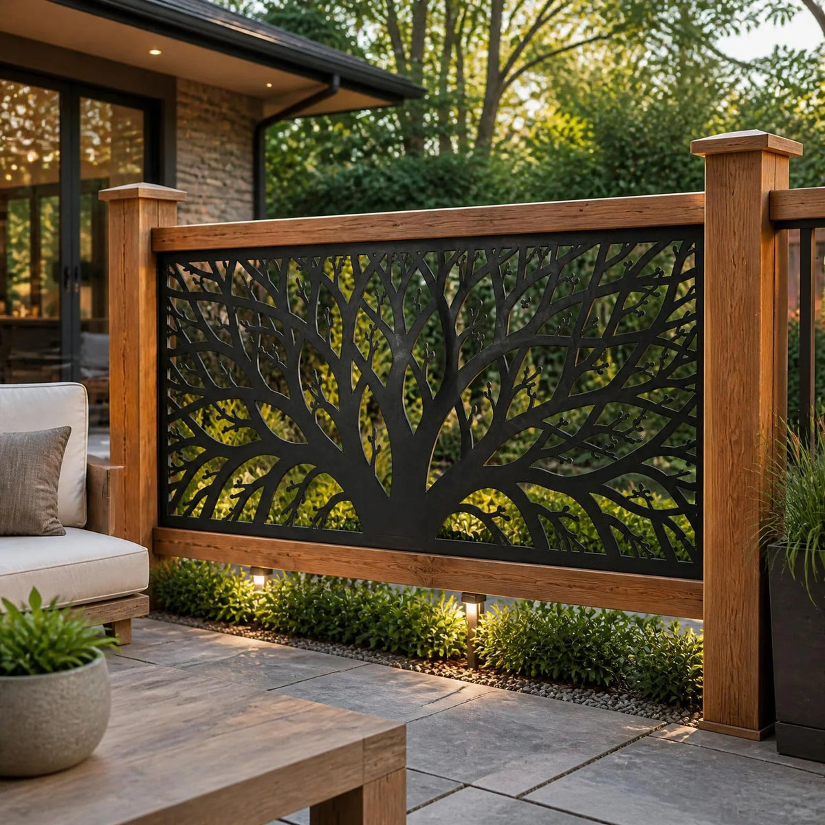 Tree branch detailed metal railing panel – Black on a patio railing