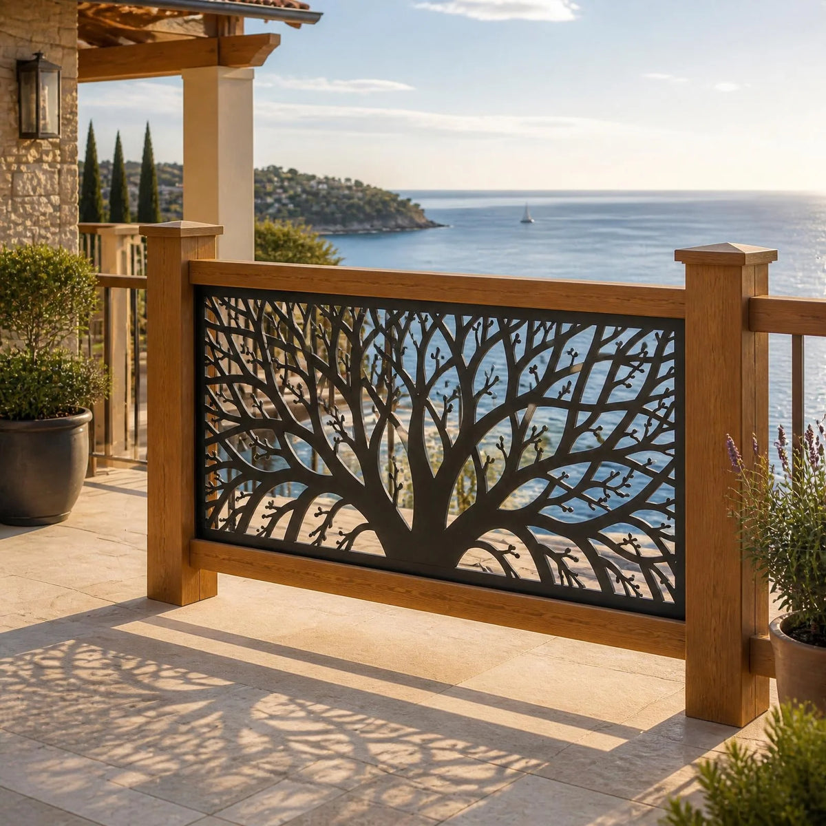 Tree branch detailed metal railing panel – Black on a seaside terrace railing