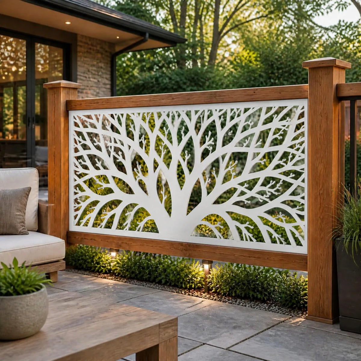 Tree branch detailed metal railing panel – White on a patio railing