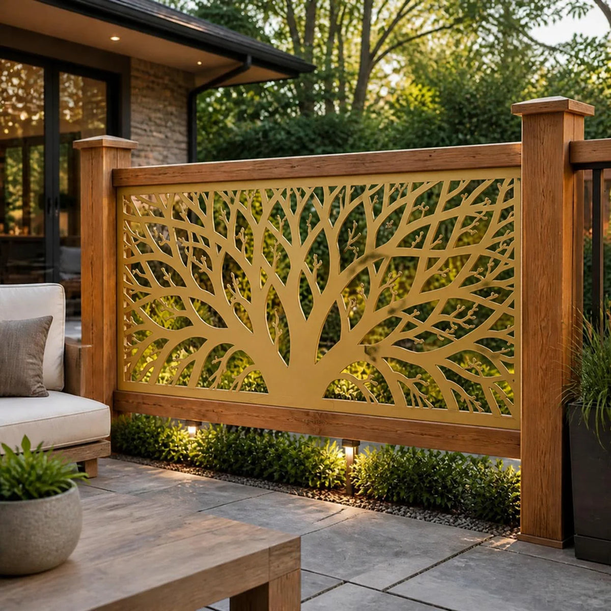 Tree branch detailed metal railing panel – Gold on a patio railing