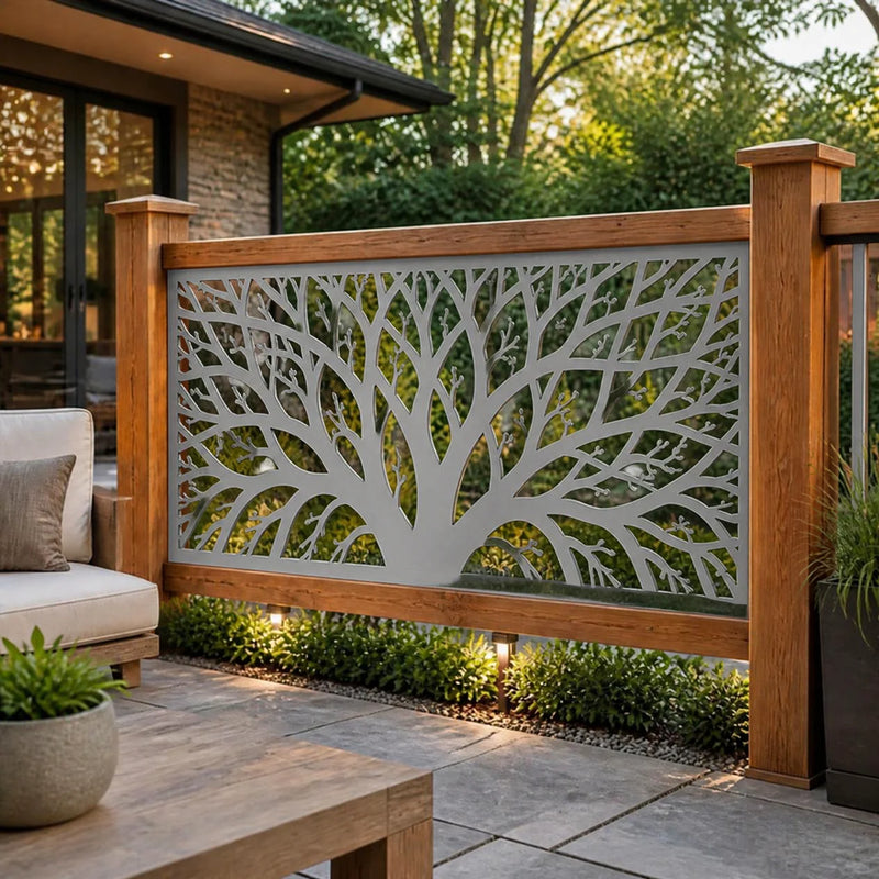 Tree branch detailed metal railing panel – Silver on a patio railing