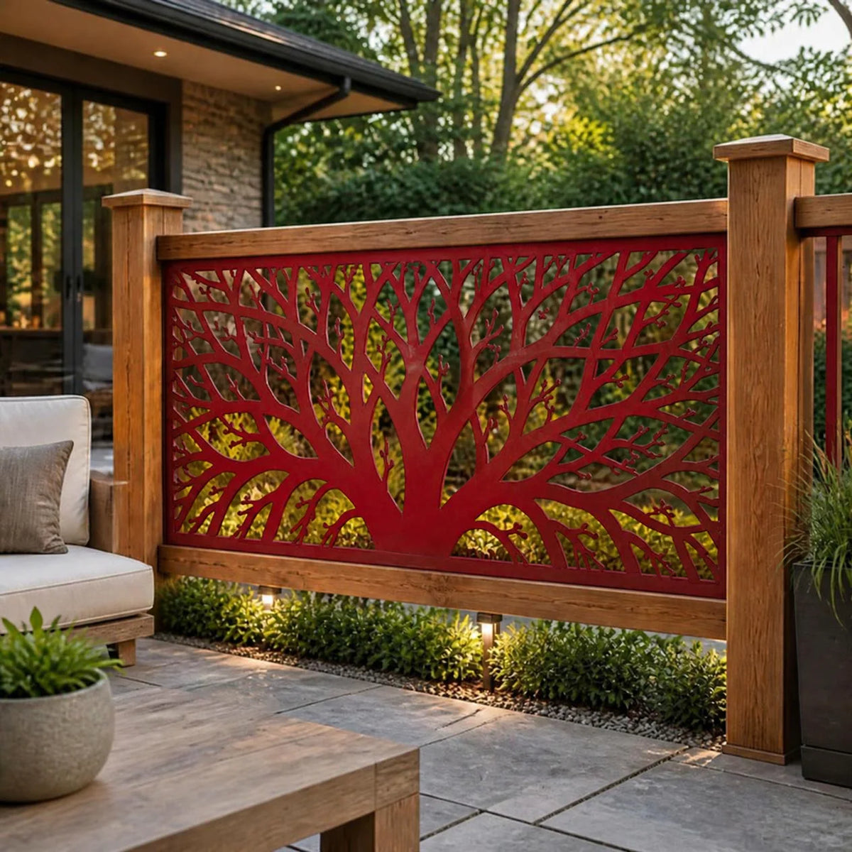 Tree branch detailed metal railing panel – Red on a patio railing