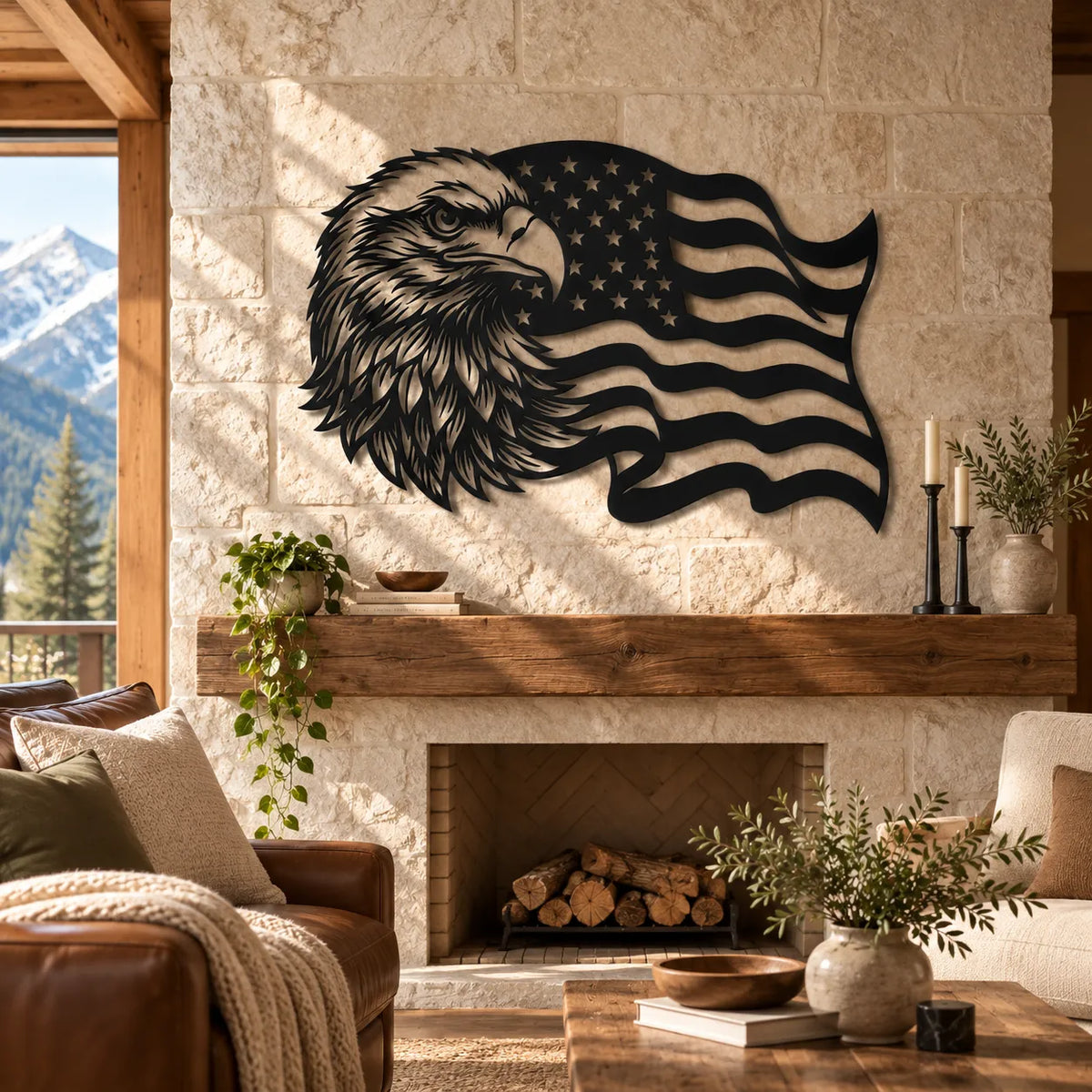 Bald eagle and American flag metal wall art
