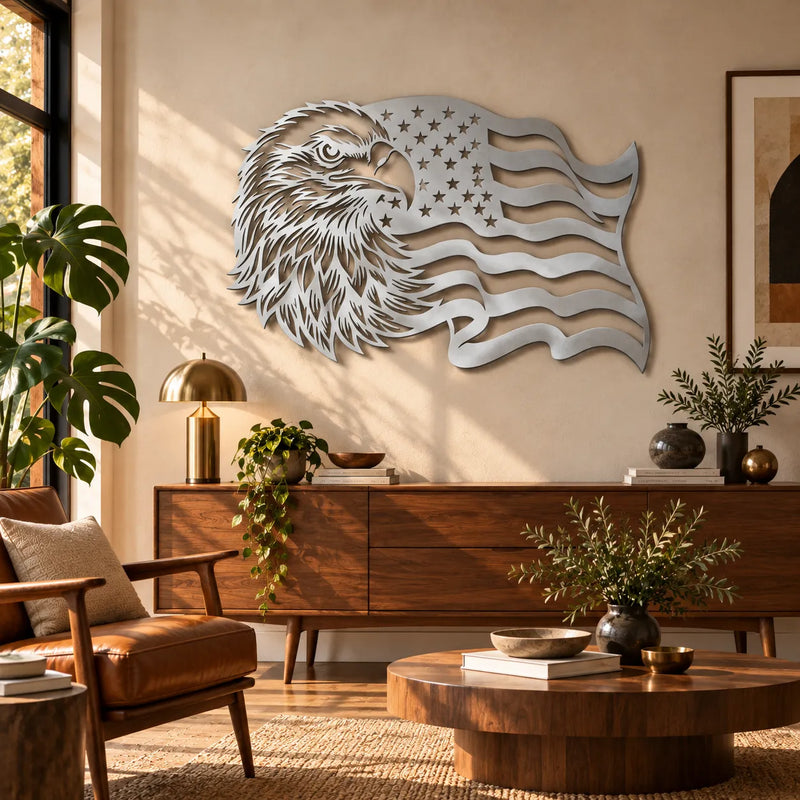 Bald eagle American flag metal wall art – Silver
