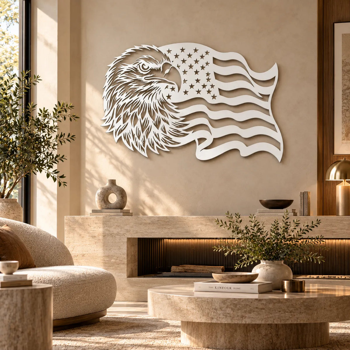Bald eagle American flag metal wall art – White