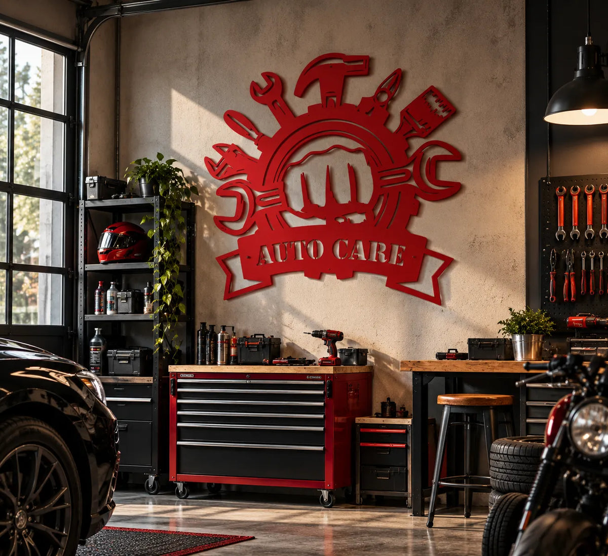 Personalized auto repair shop metal sign – Red