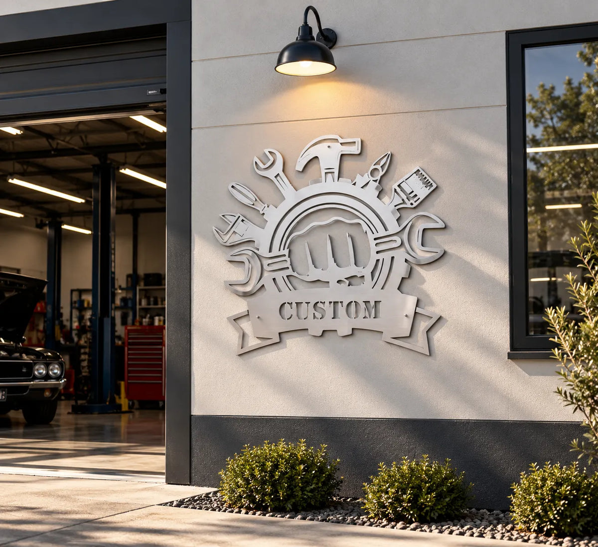 Personalized auto repair shop metal sign – White