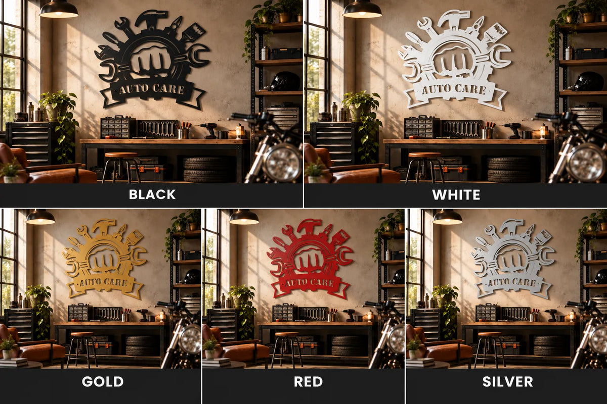 Personalized auto repair shop metal sign – finish options